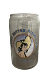 A clear glass can-shaped glass with a colorful graphic print of a character and the text 'Winky Bottom Riding Club'.